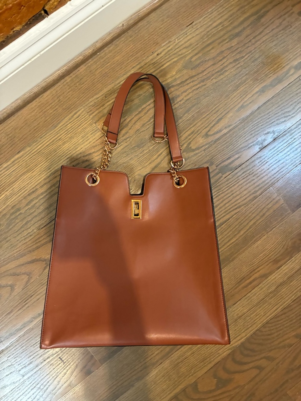 Ann Taylor Cognac Leather Tote with Gold Hardware